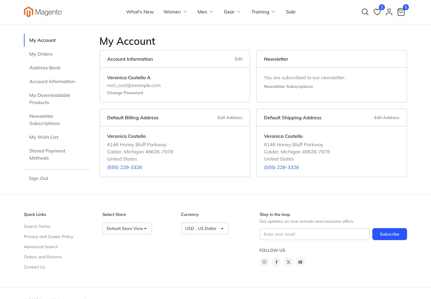 The account dashboard with the account menu