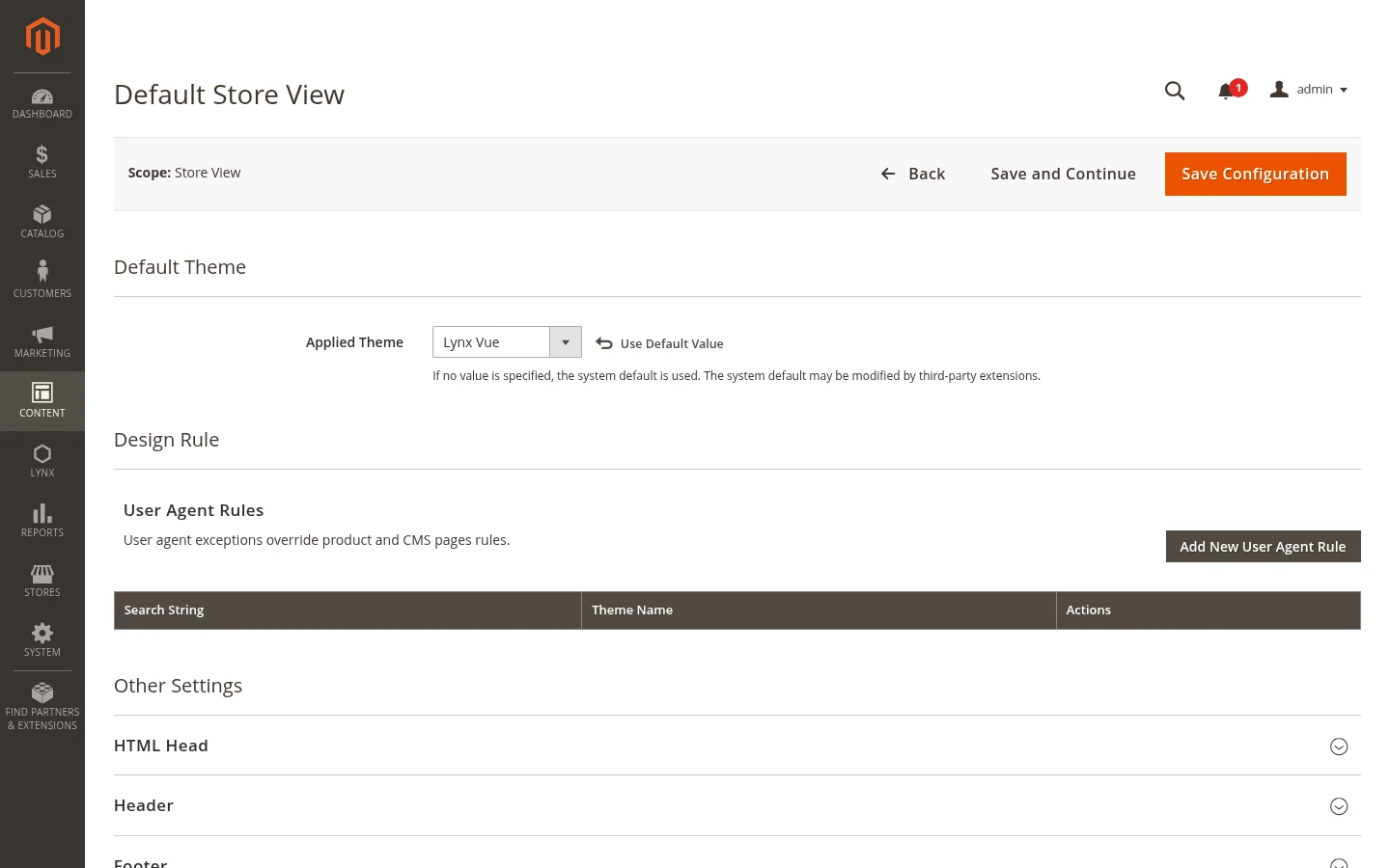 Applied Theme set to Lynx Vue for a store view