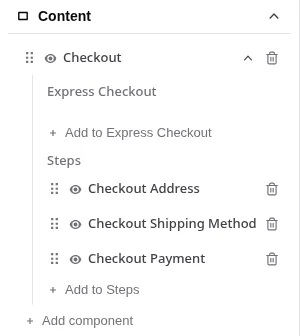 The Checkout block in the outline, with its Express Checkout and Steps slots