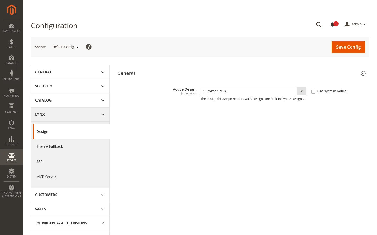 The Active Design setting under Stores, Configuration, Lynx