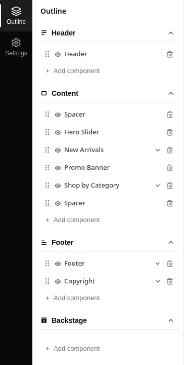 The outline with its four zones: Header, Content, Footer and Backstage