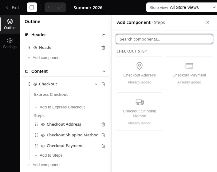 The picker of the checkout Steps slot: only checkout steps, each already added
