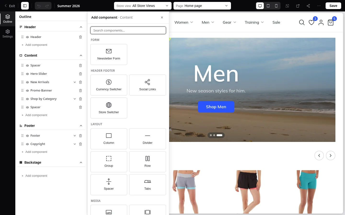 The component picker open over the Content zone