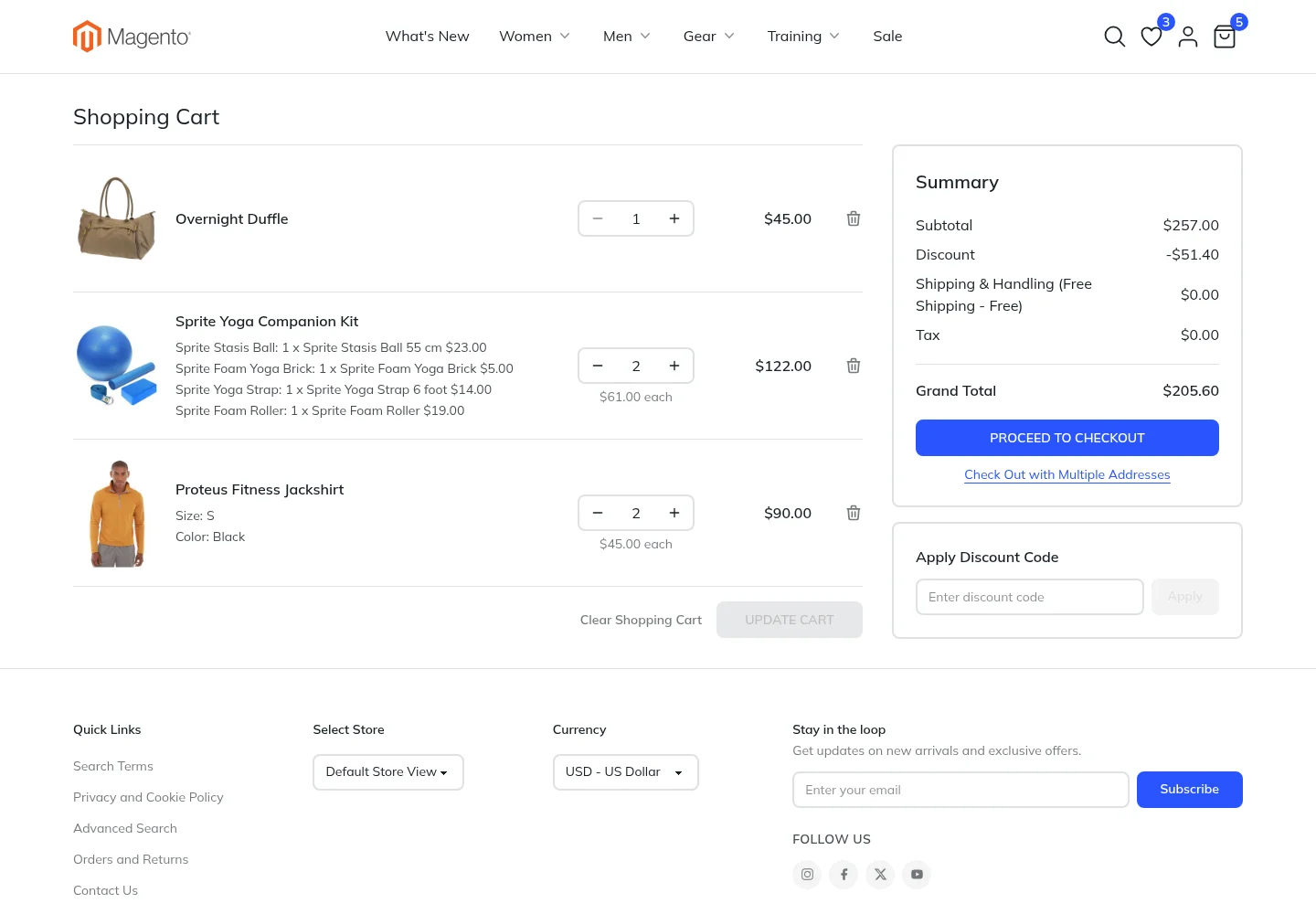 The cart page with items, summary and discount code