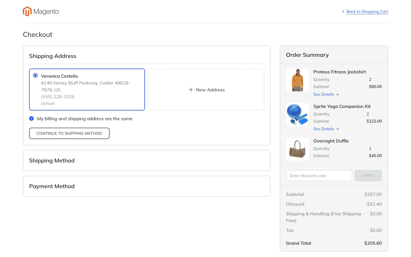 The checkout with the shipping address step and the order summary