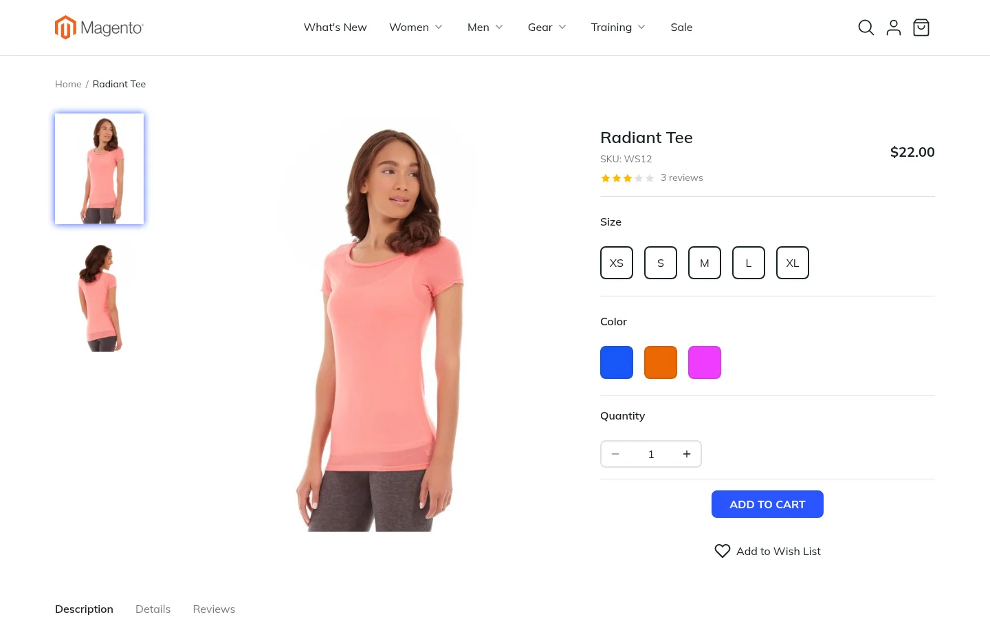 A configurable product with size and color swatches